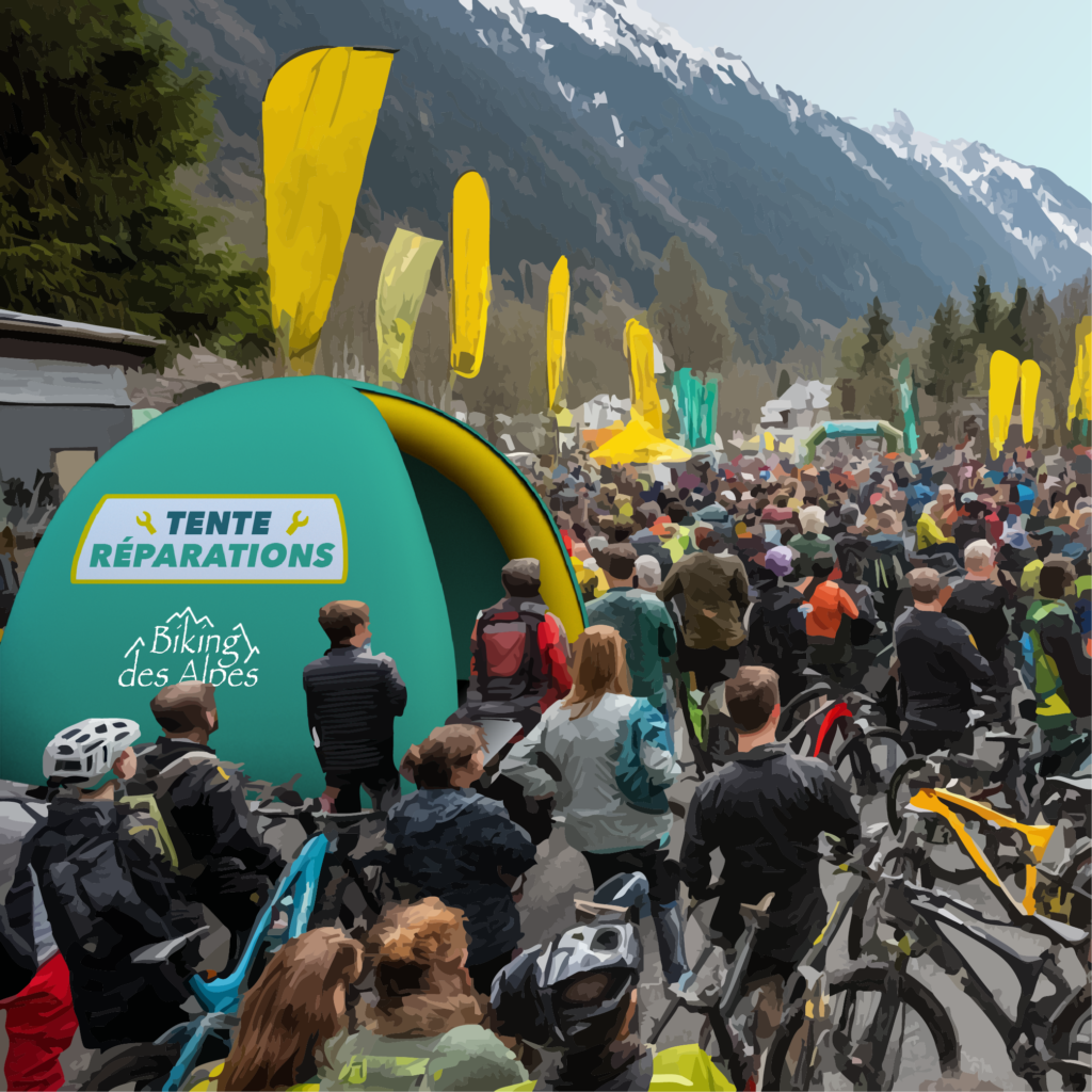 0Illustration einer Situation mit einem aufblasbaren Zelt inmitten einer Menge von Mountainbikern bei einem Rennen in den Alpen.