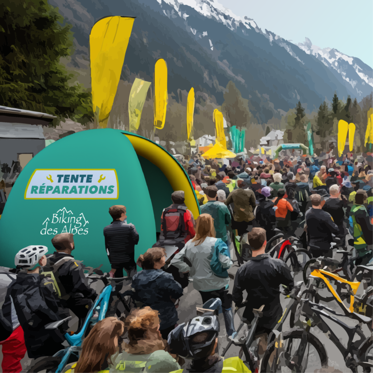 0Illustration einer Situation mit einem aufblasbaren Zelt inmitten einer Menge von Mountainbikern bei einem Rennen in den Alpen.